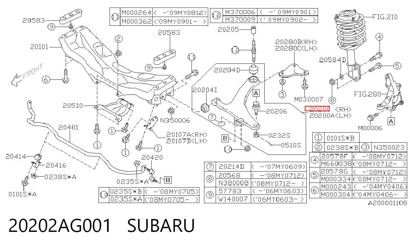 20202AG001 Subaru Braço oscilante inferior direito de suspensão dianteira