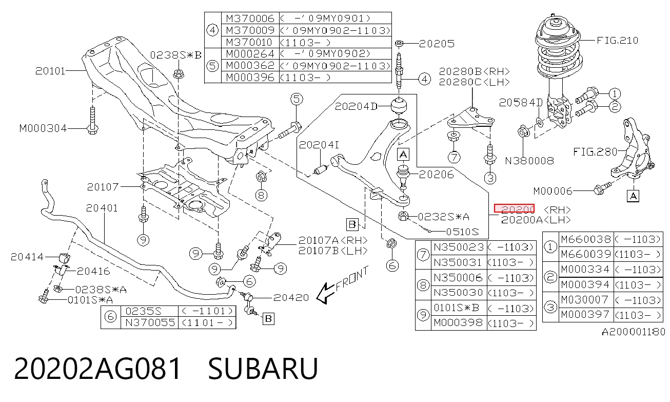 20202AG081 Subaru Braço oscilante inferior direito de suspensão dianteira