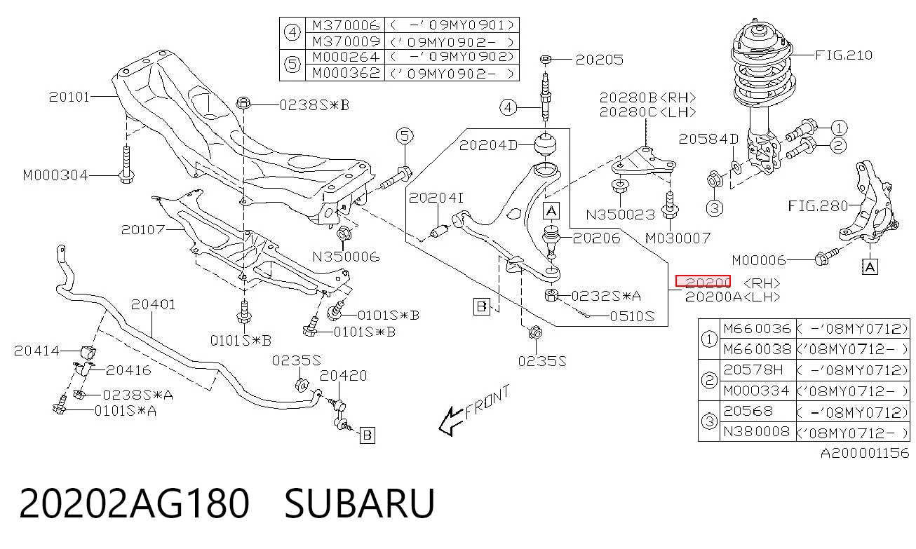 20202AG180 Subaru Braço oscilante inferior direito de suspensão dianteira