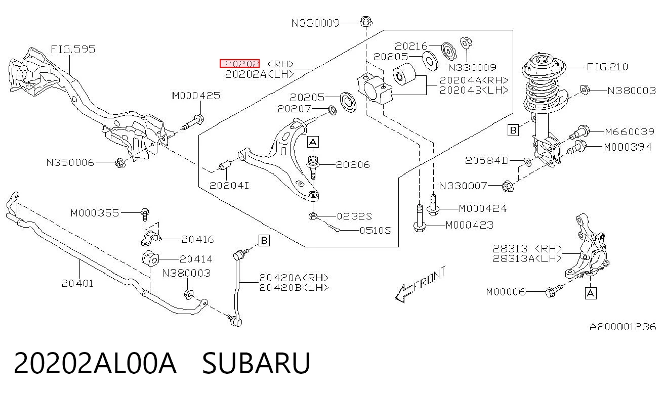 20202AL00A Subaru Braço oscilante inferior direito de suspensão dianteira
