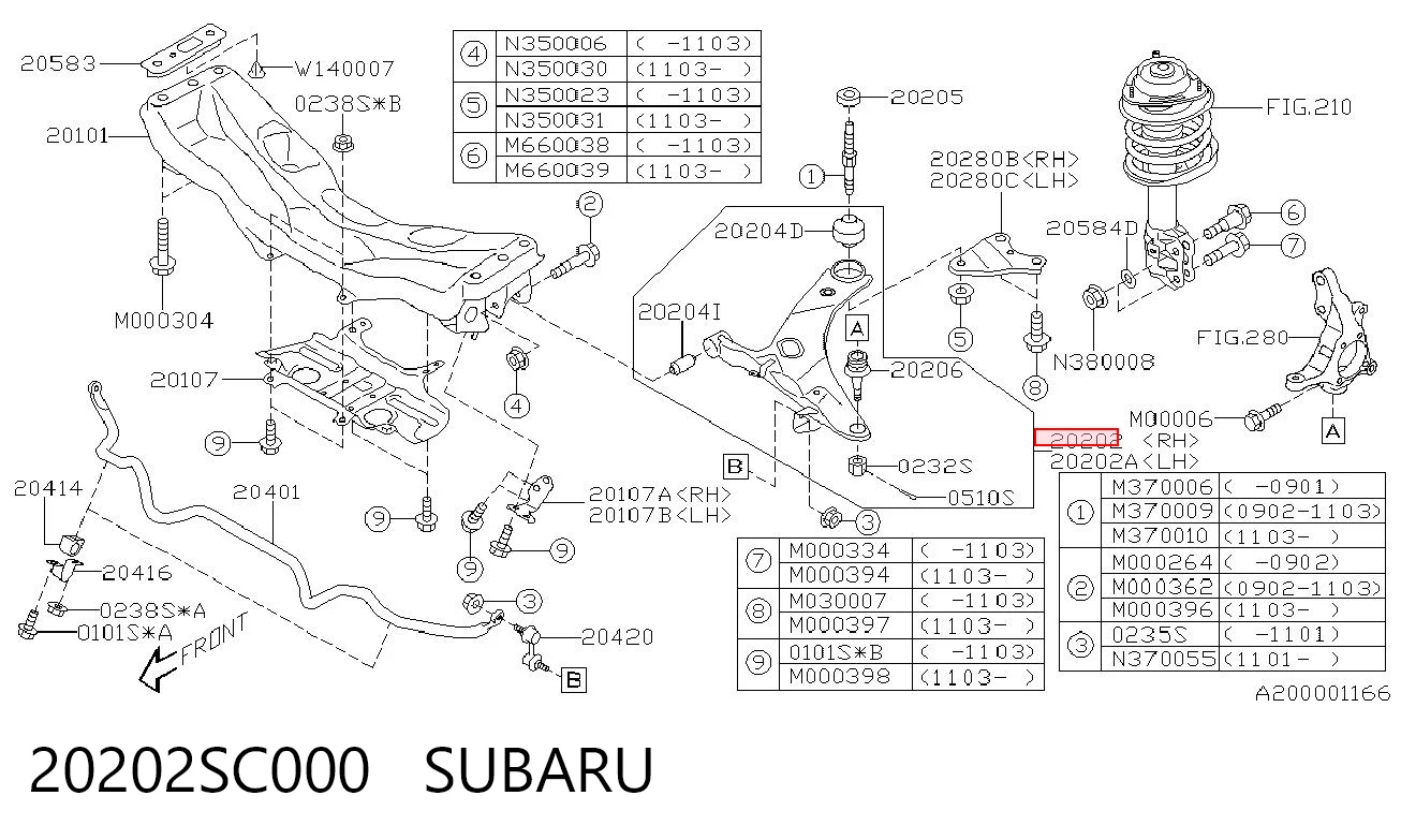 20202SC000 Subaru Braço oscilante inferior direito de suspensão dianteira