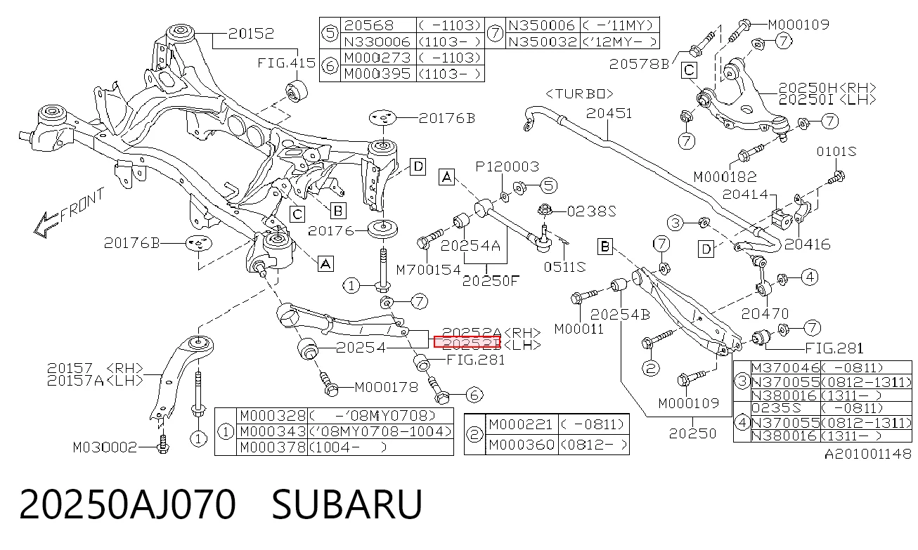 20250AJ070 Subaru Barra longitudinal de suspensão traseira esquerda