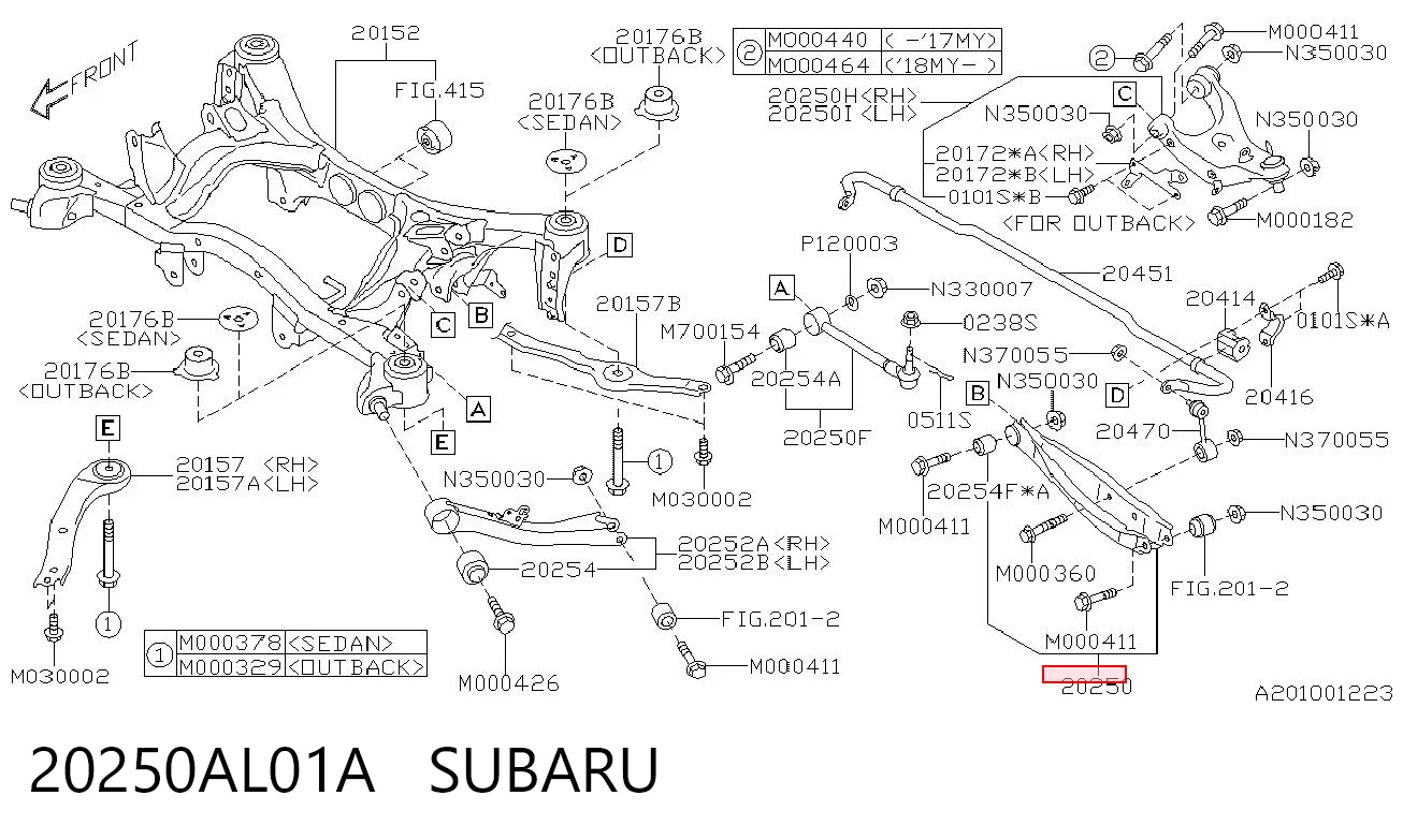 20250AL01A Subaru Braço oscilante inferior esquerdo de suspensão traseira/direita