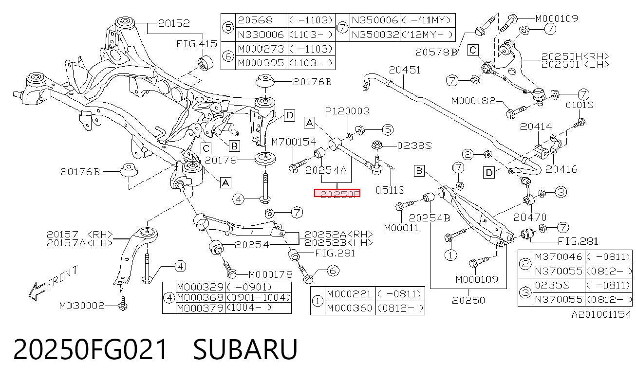 20250FG021 Subaru Barra transversal de suspensão traseira