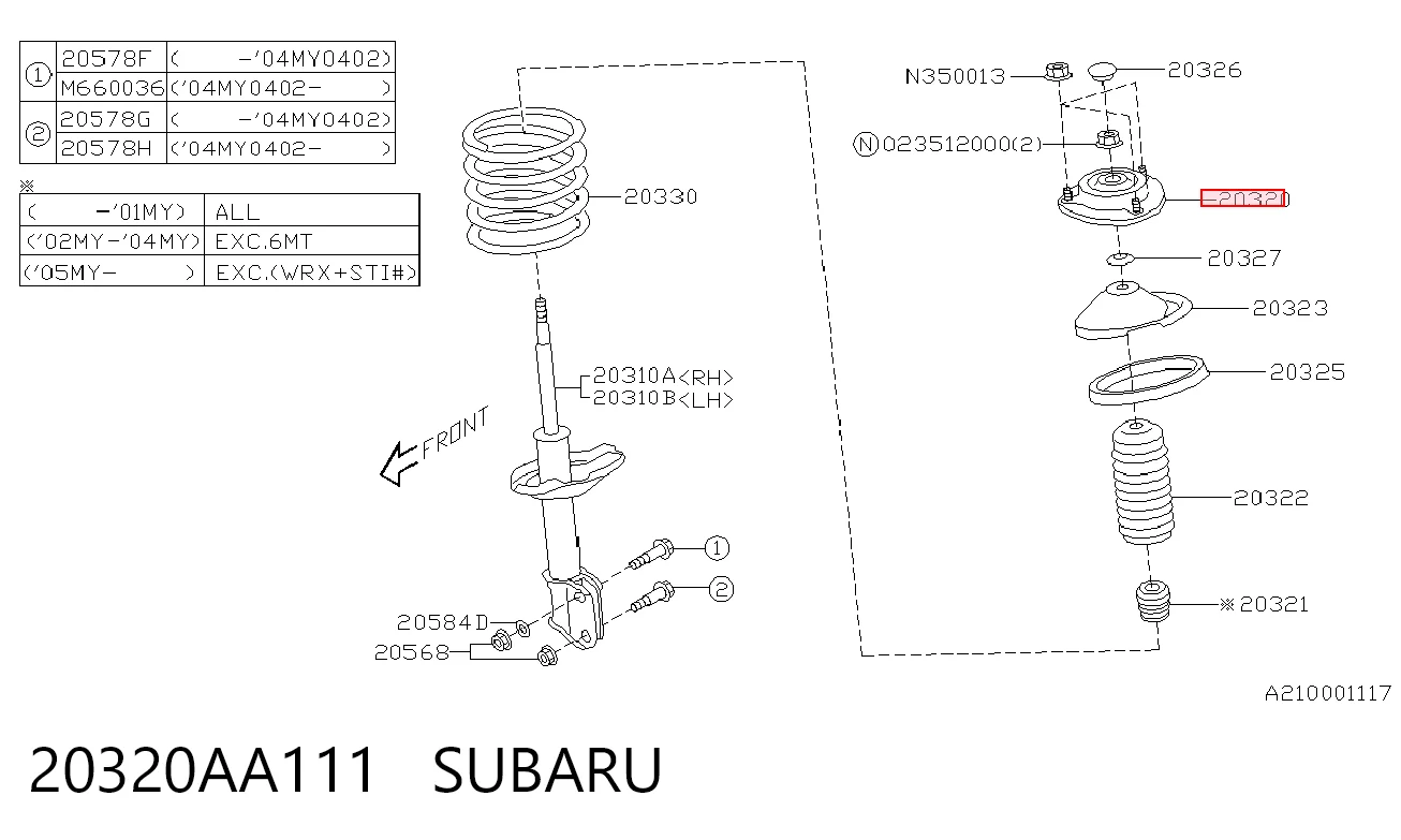 20320AA111 Subaru Suporte de amortecedor dianteiro