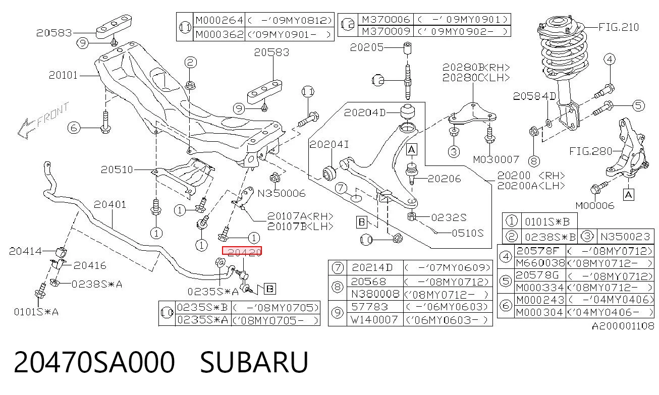 20470SA000 Subaru Montante de estabilizador dianteiro