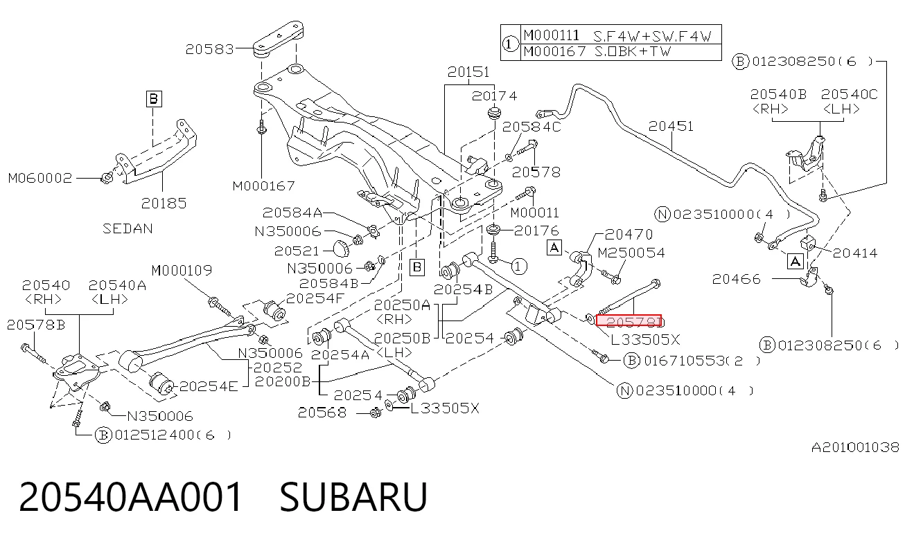 20540AA001 Subaru Parafuso de fixação de braço oscilante de inclinação traseiro, externo