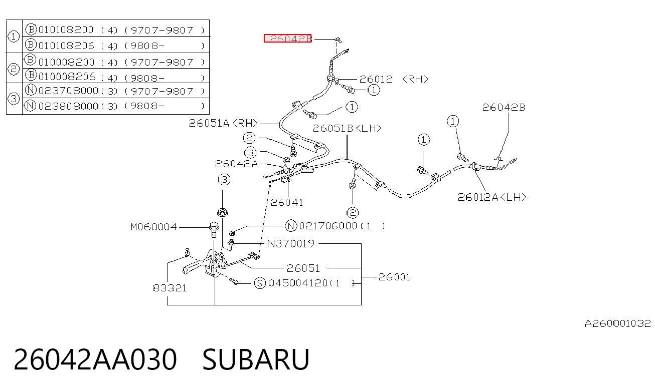 26042AA030 Subaru Cabo do freio de estacionamento traseiro direito