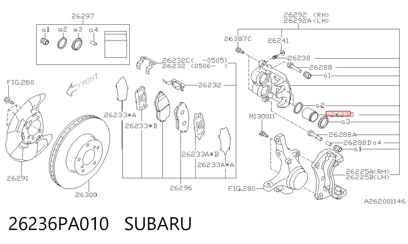 26236PA010 Subaru Pistão de suporte do freio dianteiro