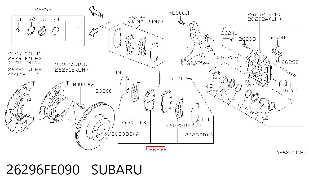 26296FE090 Subaru Sapatas do freio dianteiras de disco