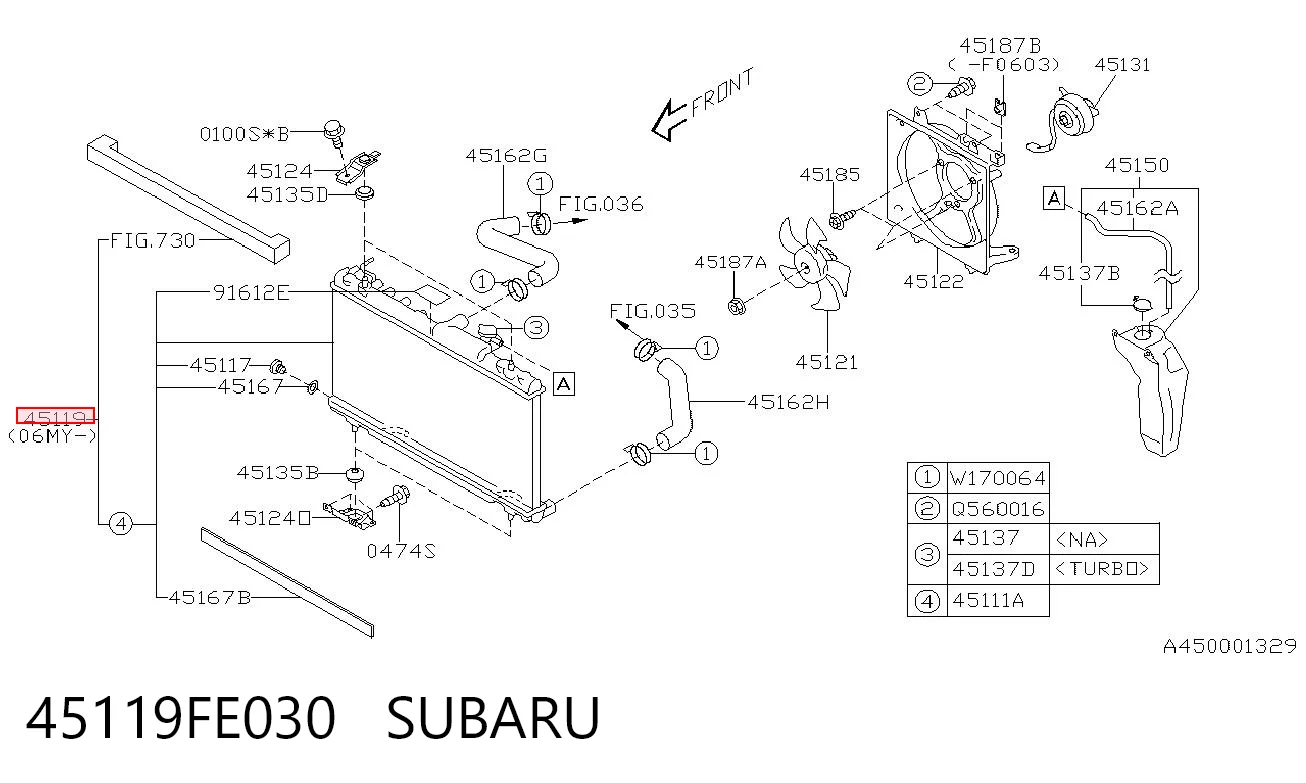 45119FE030 Subaru Radiador de esfriamento de motor