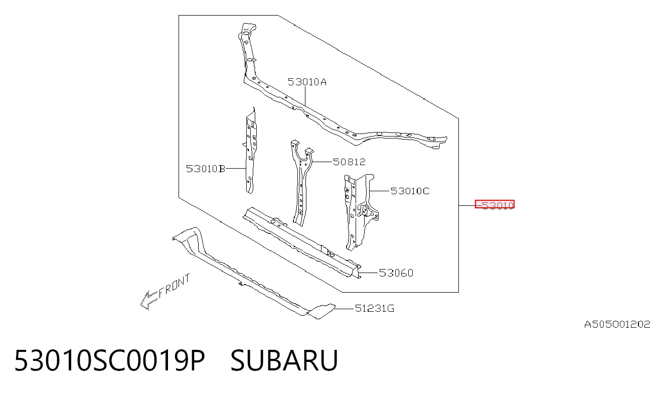 53010SC0019P Subaru Suporte do radiador montado (painel de montagem de fixação das luzes)