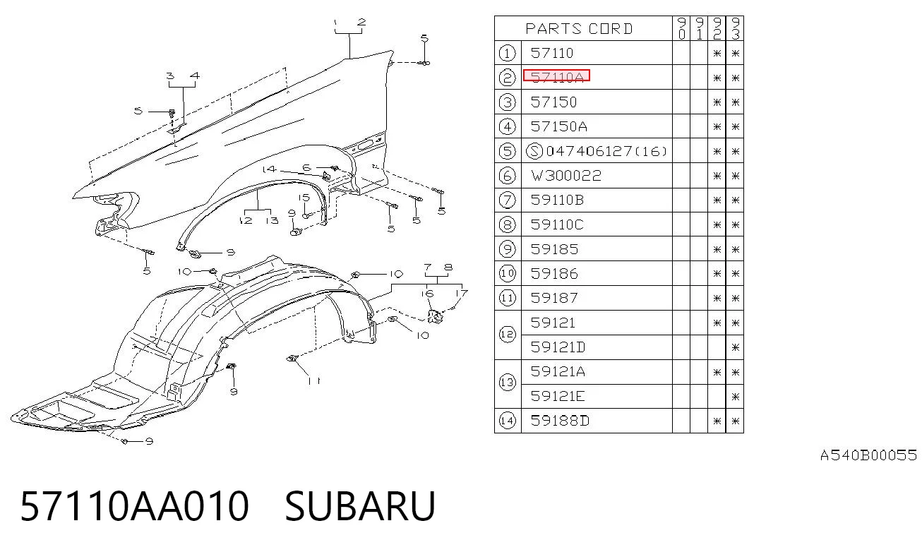 57110AA010 Subaru Pára-lama dianteiro esquerdo