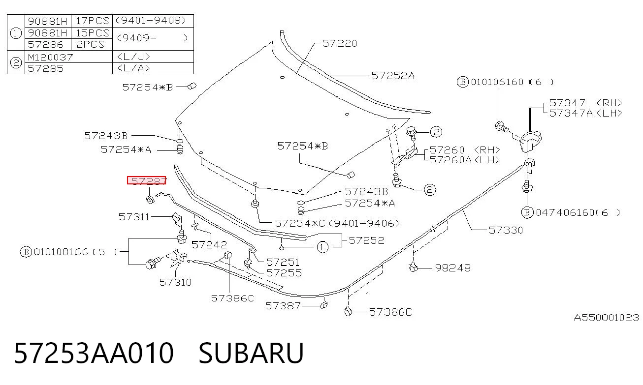 57253AA010 Subaru Fixador de suporte da capota