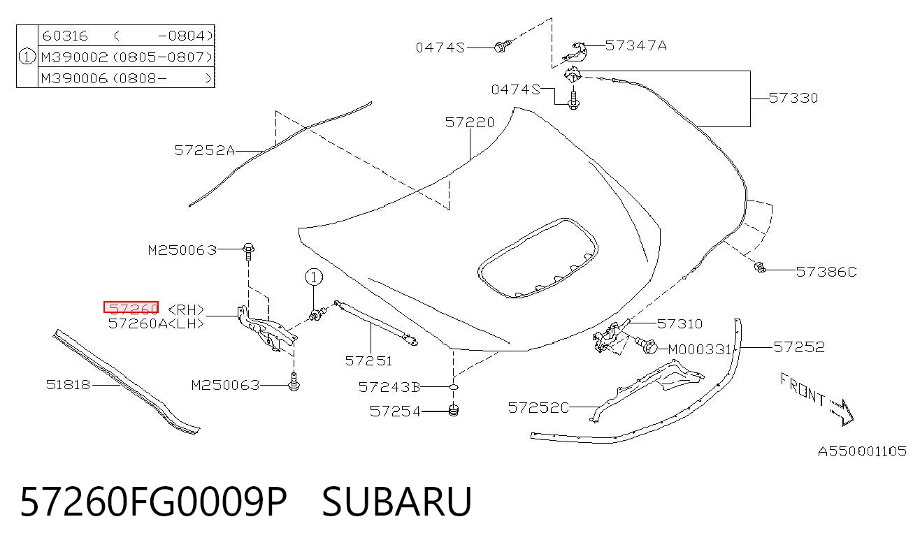 57260FG0009P Subaru Gozno da capota direito