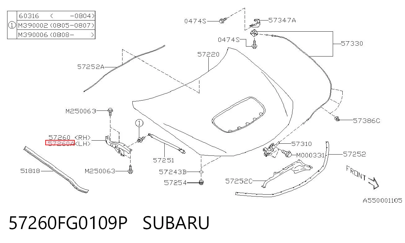 57260FG0109P Subaru Gozno da capota esquerdo