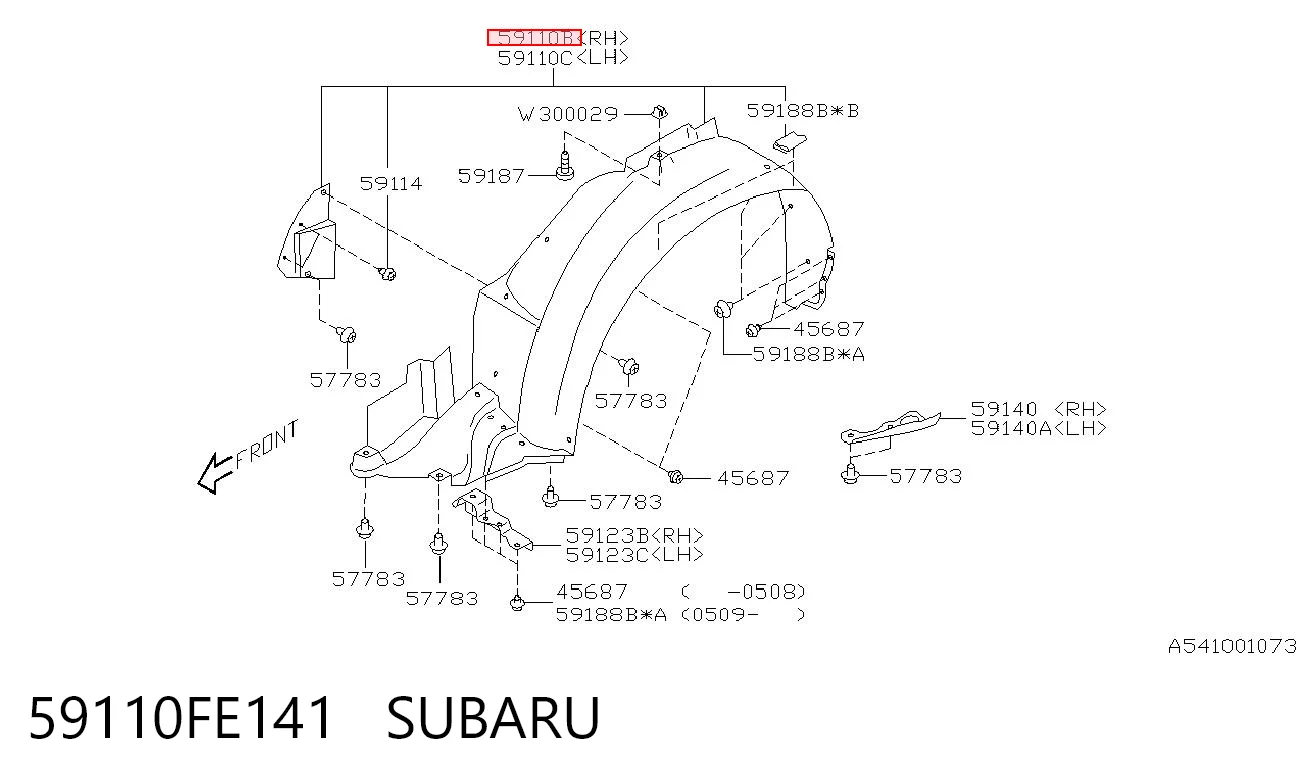 59110FE141 Subaru Guarda-barras direito do pára-lama dianteiro