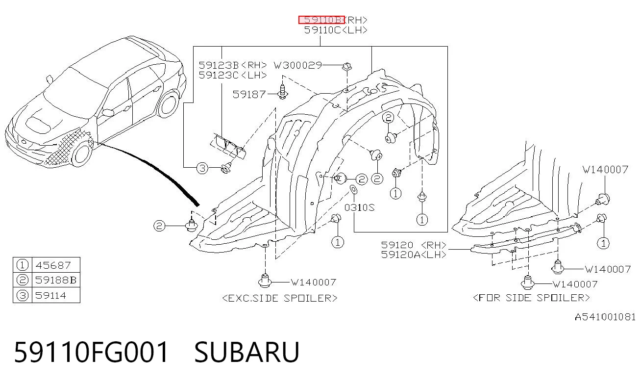 59110FG001 Subaru Guarda-barras direito do pára-lama dianteiro
