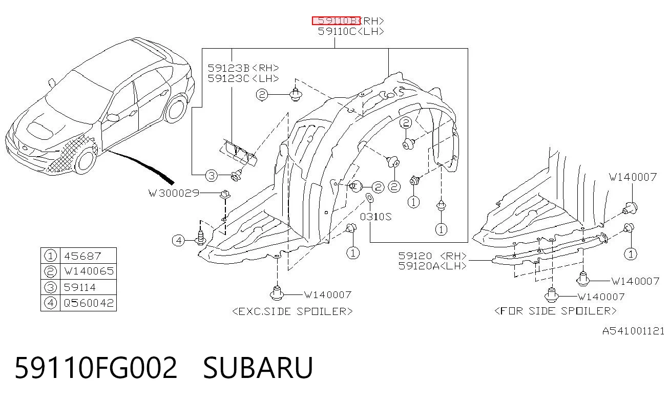 59110FG002 Subaru Guarda-barras direito do pára-lama dianteiro