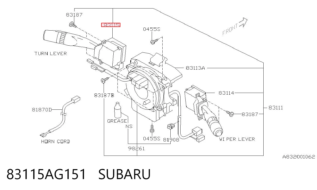 83115AG151 Subaru Comutador esquerdo instalado na coluna da direção
