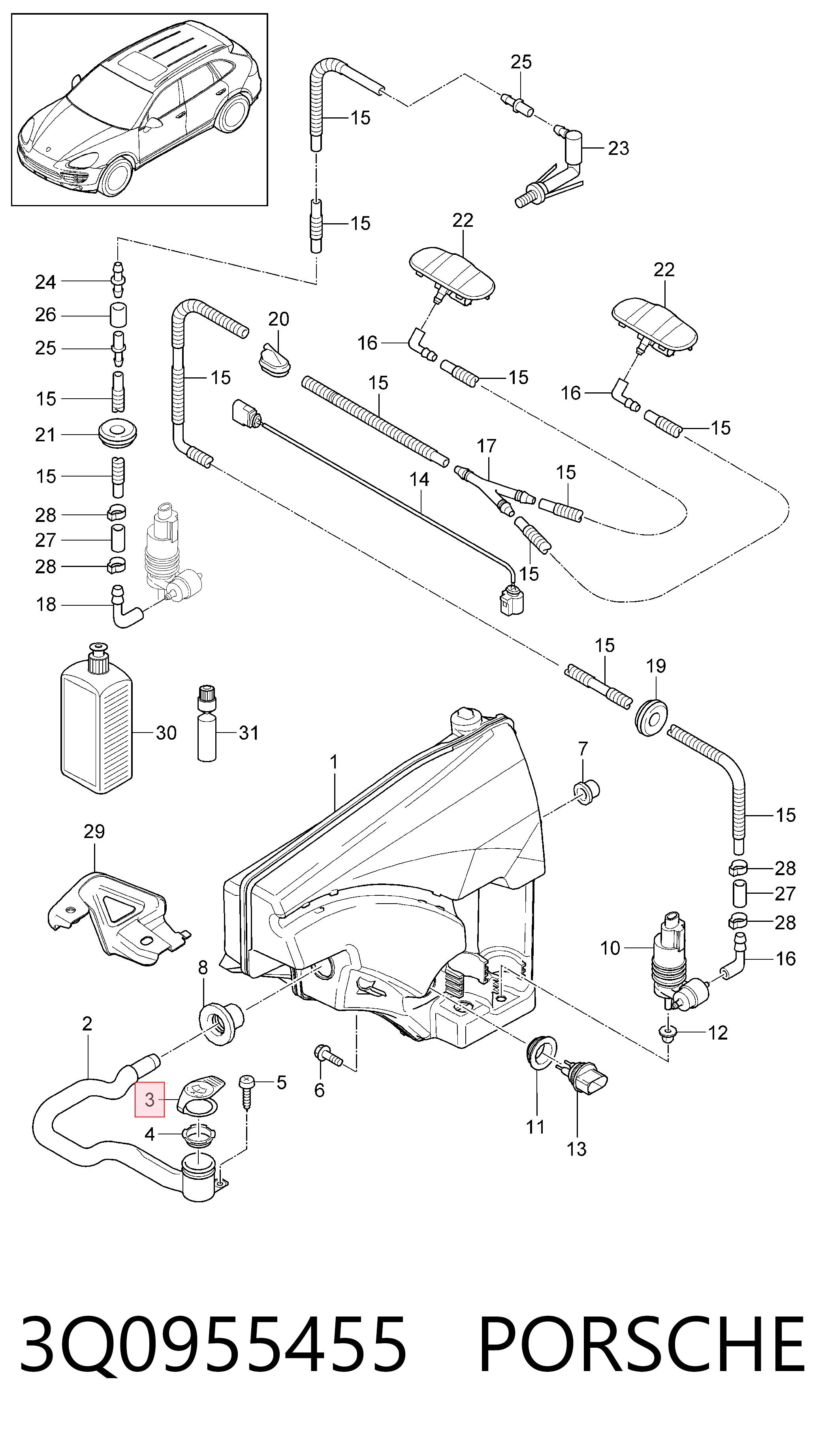 3Q0955455 Porsche Tampa de tanque de fluido para lavador