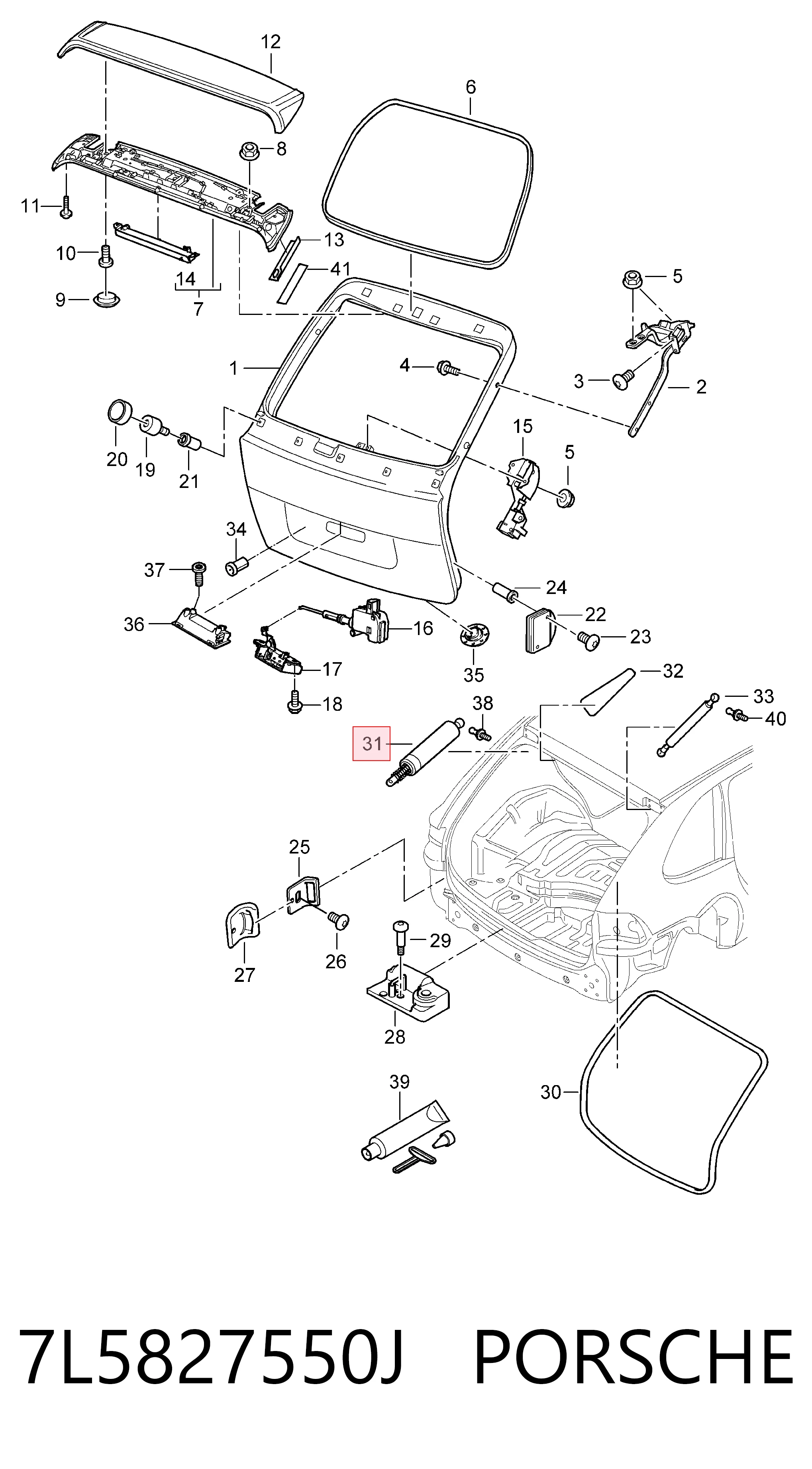 7L5827550J Porsche Amortecedor de tampa de porta-malas (de 3ª/5ª porta traseira)