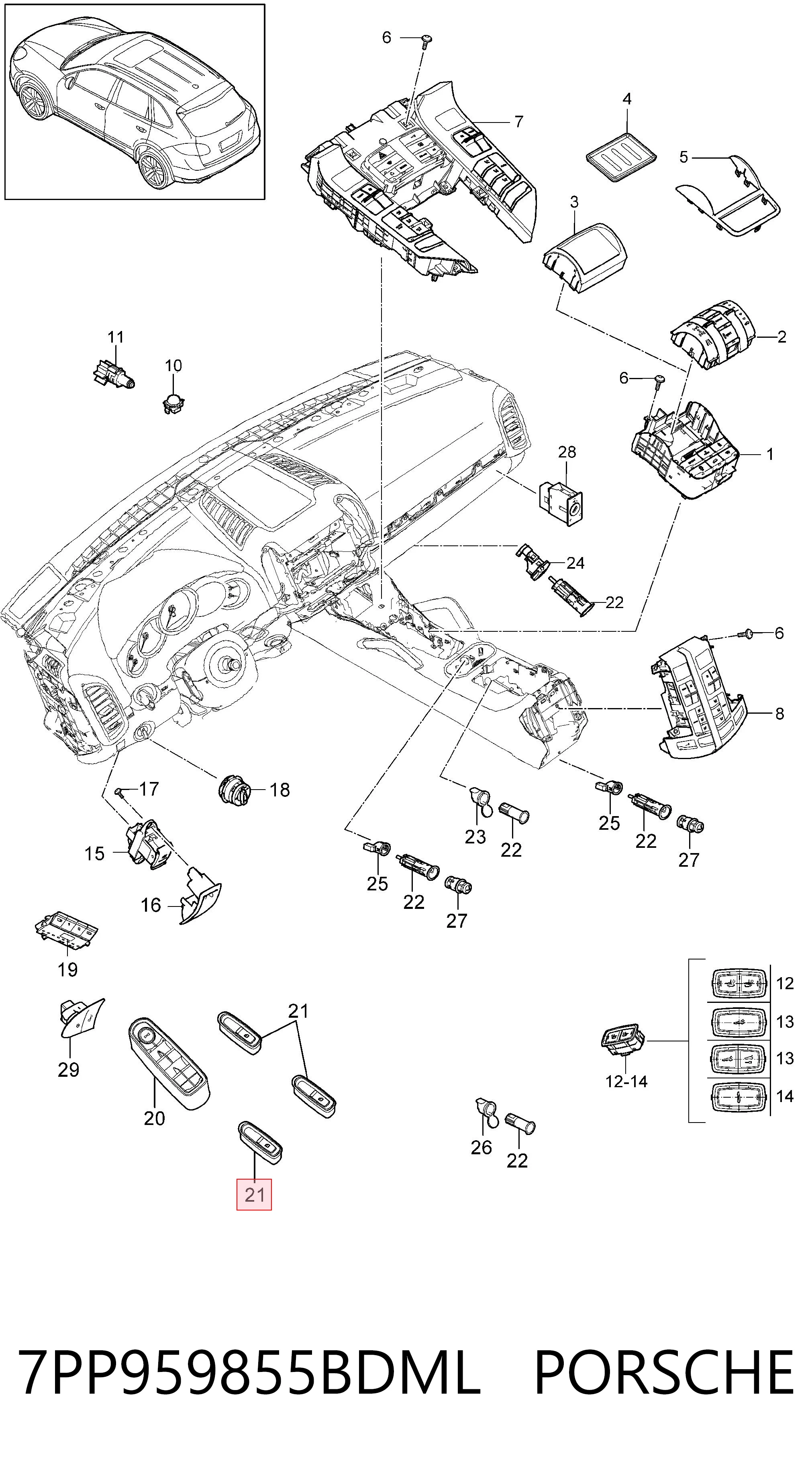 7PP959855BDML Porsche Botão dianteiro direito de ativação de motor de acionamento de vidro