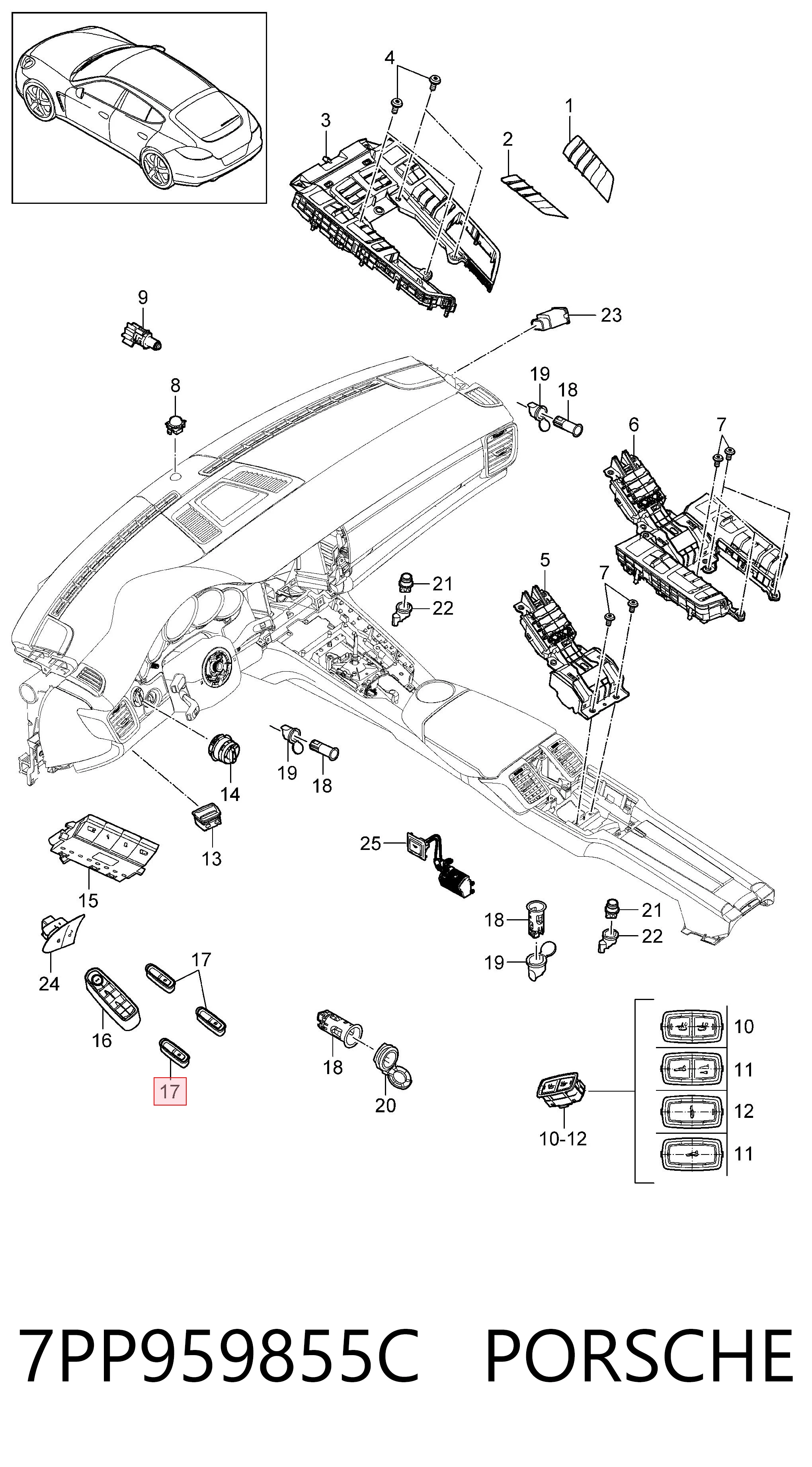 7PP959855C Porsche Botão dianteiro direito de ativação de motor de acionamento de vidro