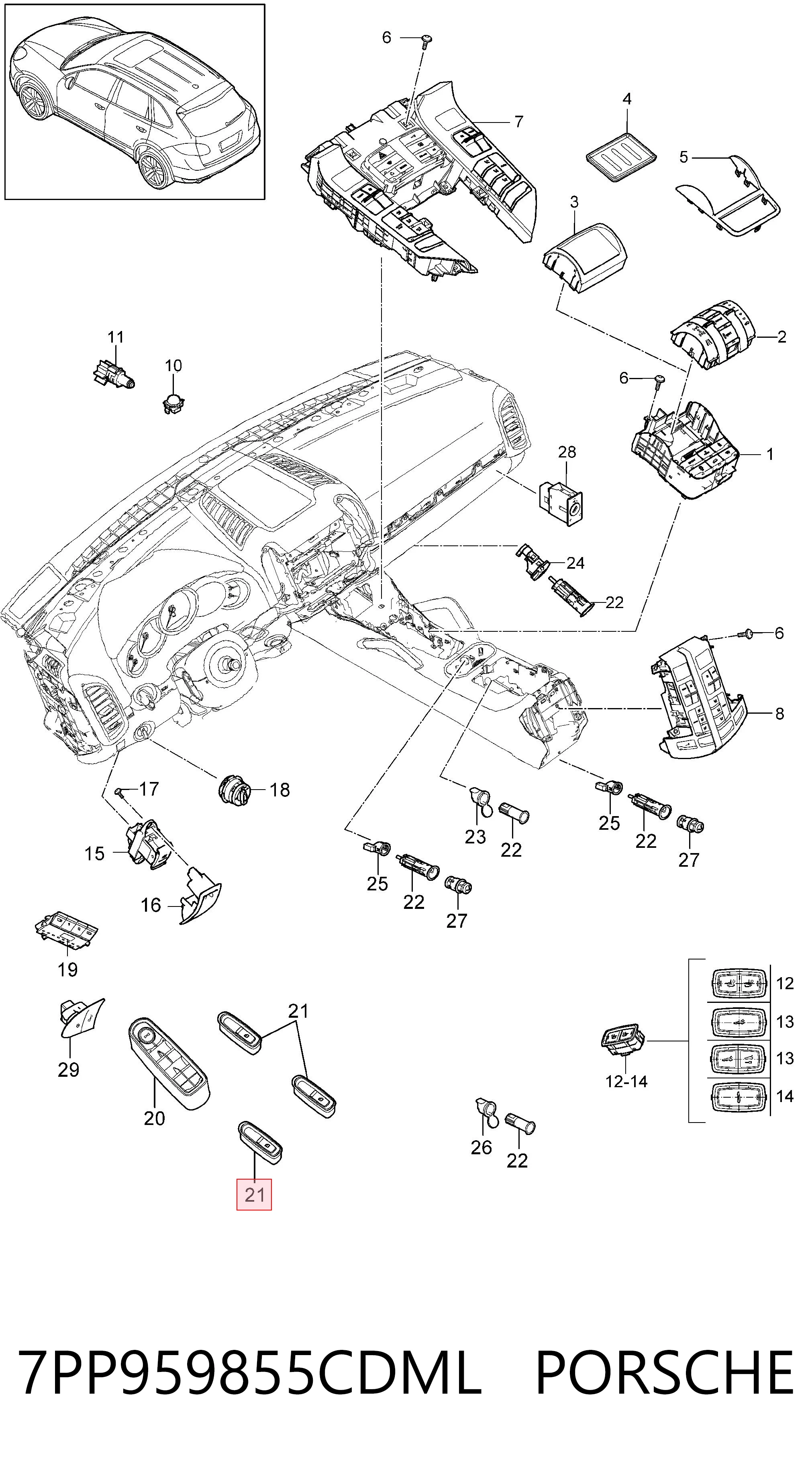 7PP959855CDML Porsche Botão dianteiro direito de ativação de motor de acionamento de vidro