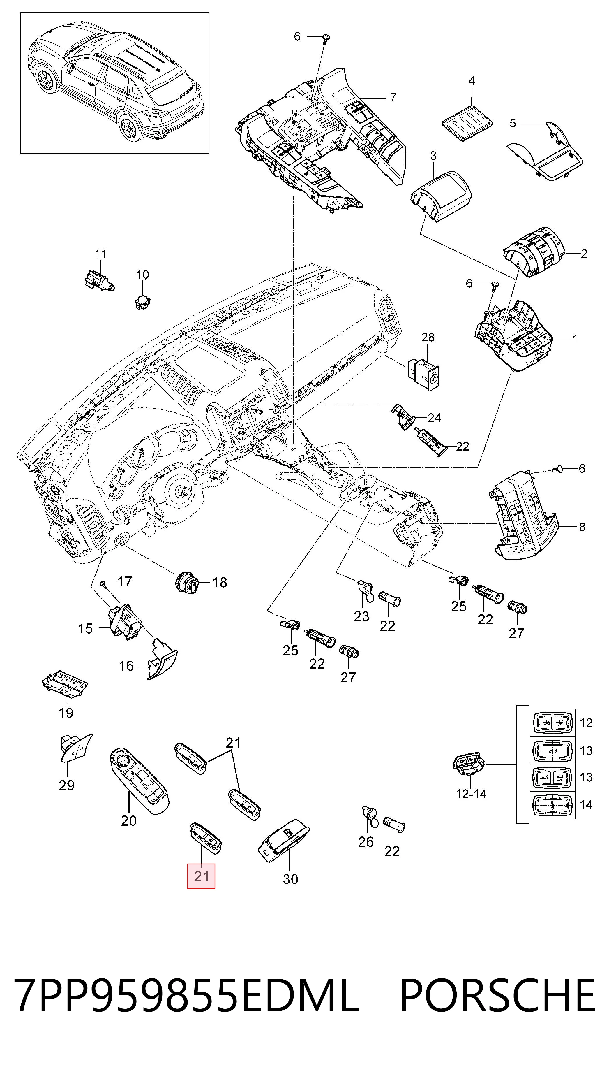 7PP959855EDML Porsche Botão dianteiro direito de ativação de motor de acionamento de vidro