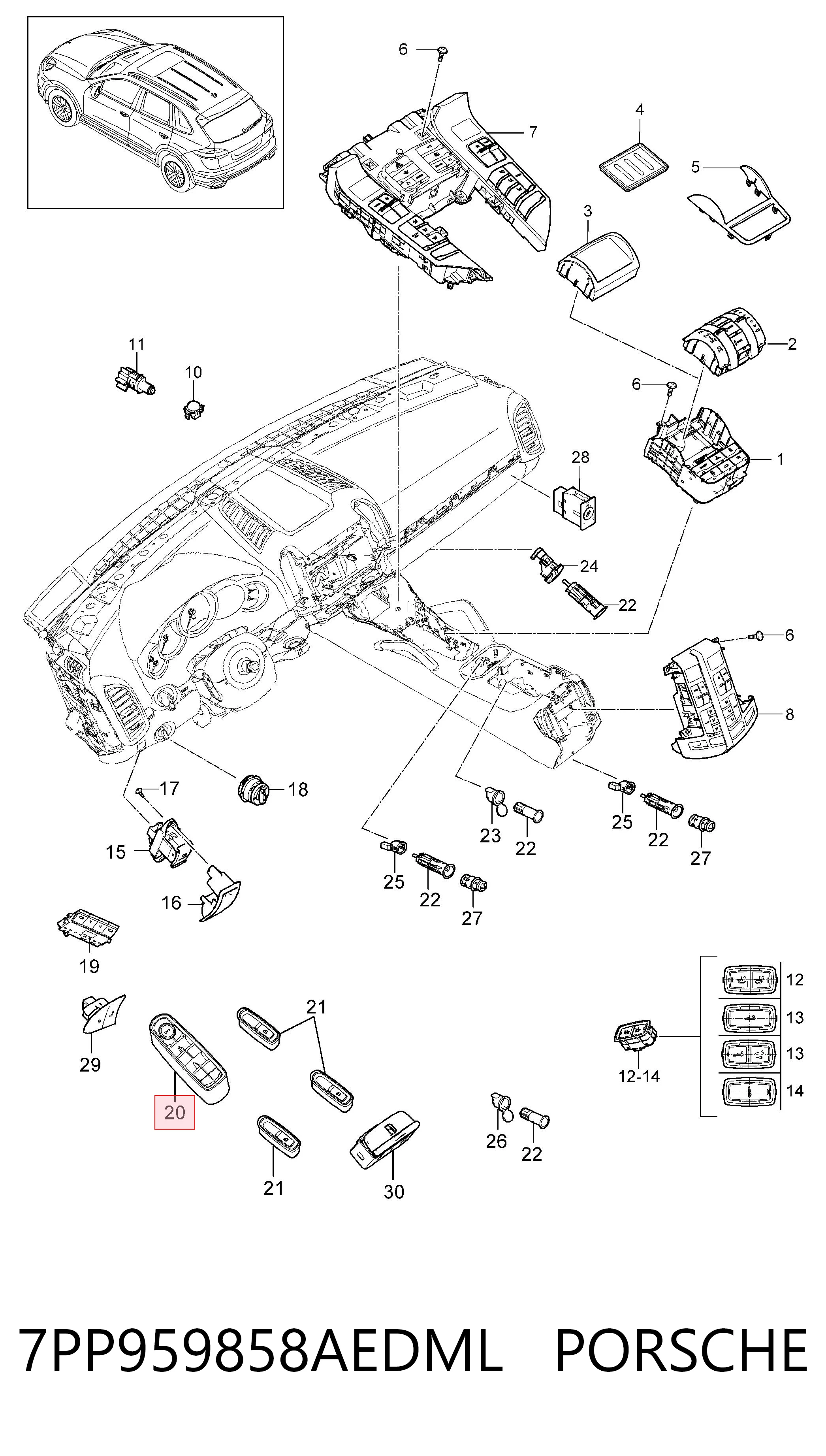 7PP959858AEDML Porsche Unidade de botões dianteira esquerda de controlo de elevador de vidro