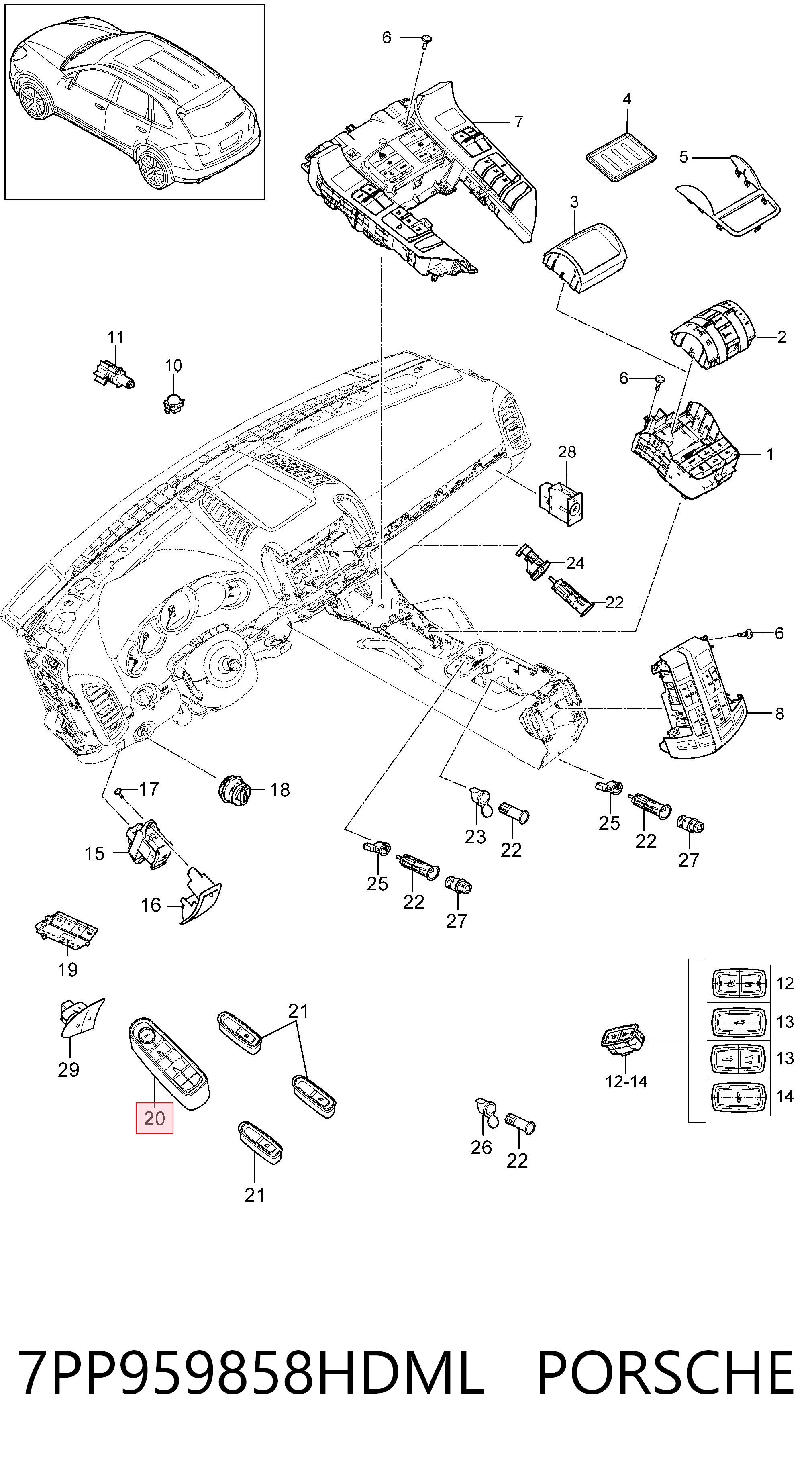 7PP959858HDML Porsche Unidade de botões dianteira esquerda de controlo de elevador de vidro