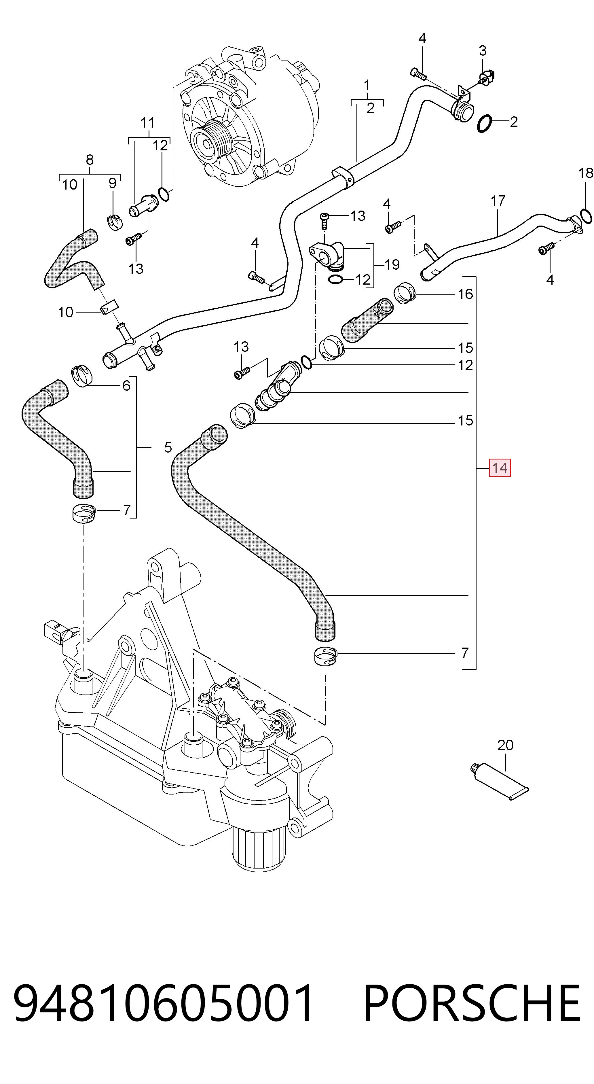 94810605001 Porsche Mangueira (cano derivado) do sistema de esfriamento