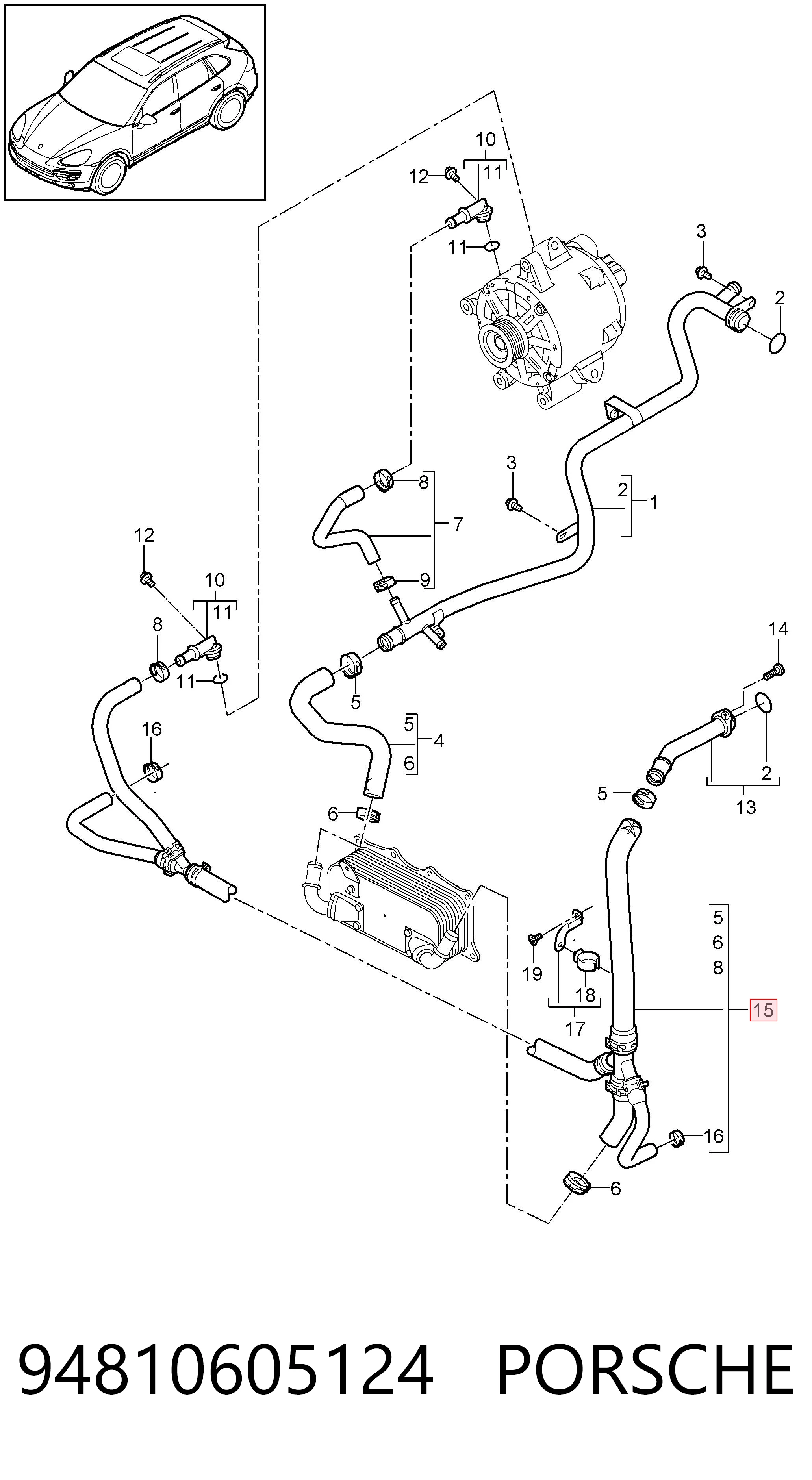 94810605124 Porsche Flange do sistema de esfriamento (união em T)