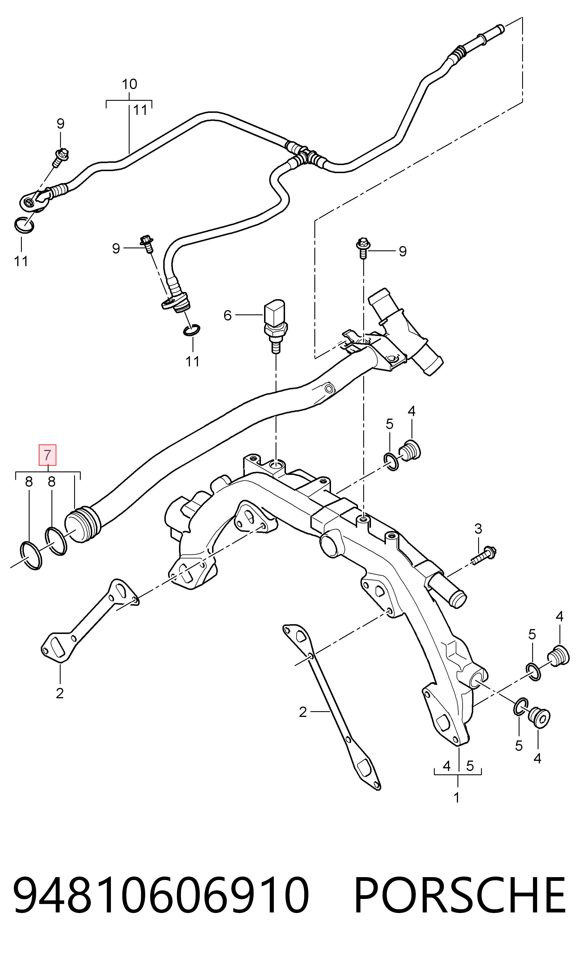 94810606910 Porsche Mangueira (cano derivado) do sistema de esfriamento