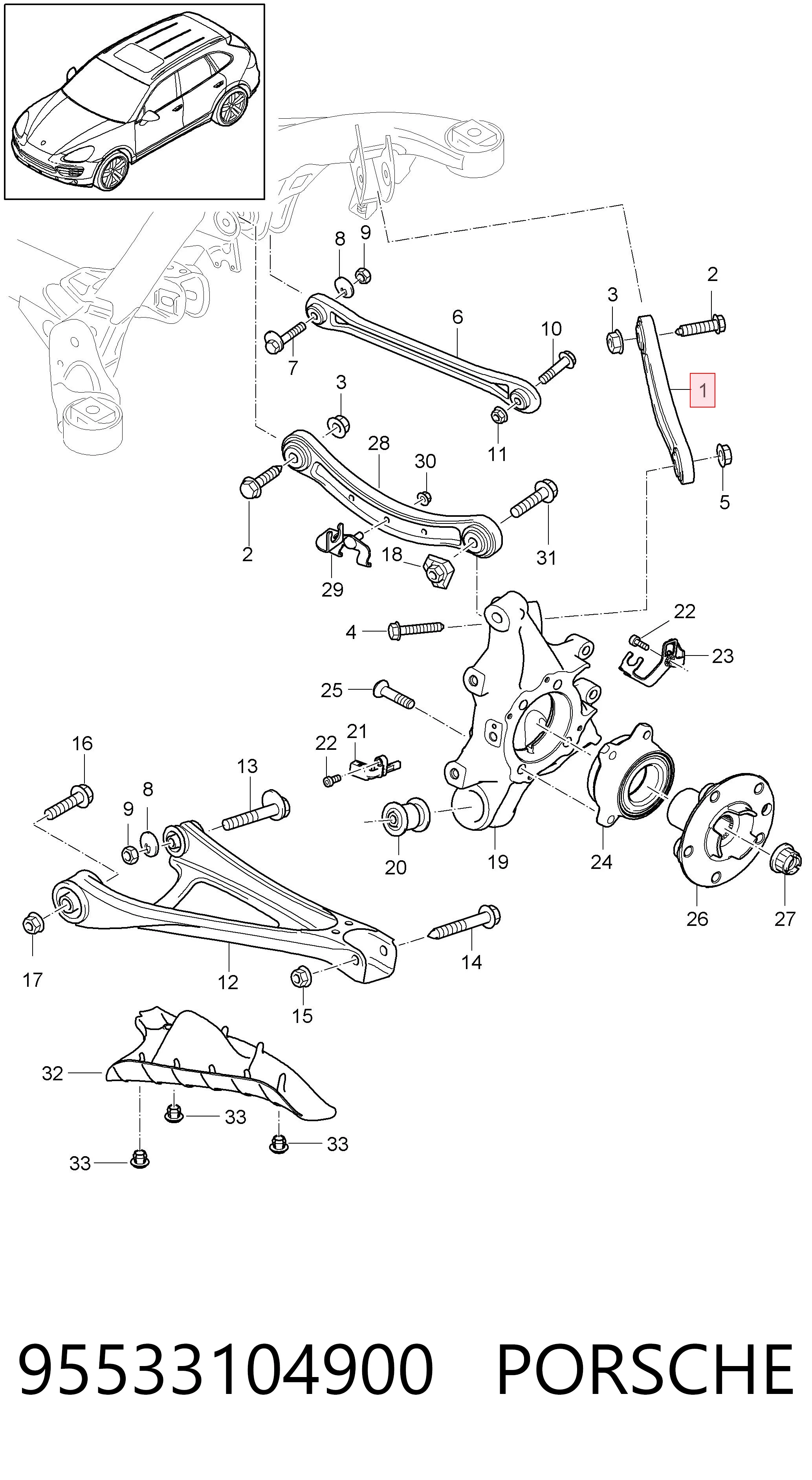 95533104900 Porsche Braço oscilante superior esquerdo de suspensão traseira