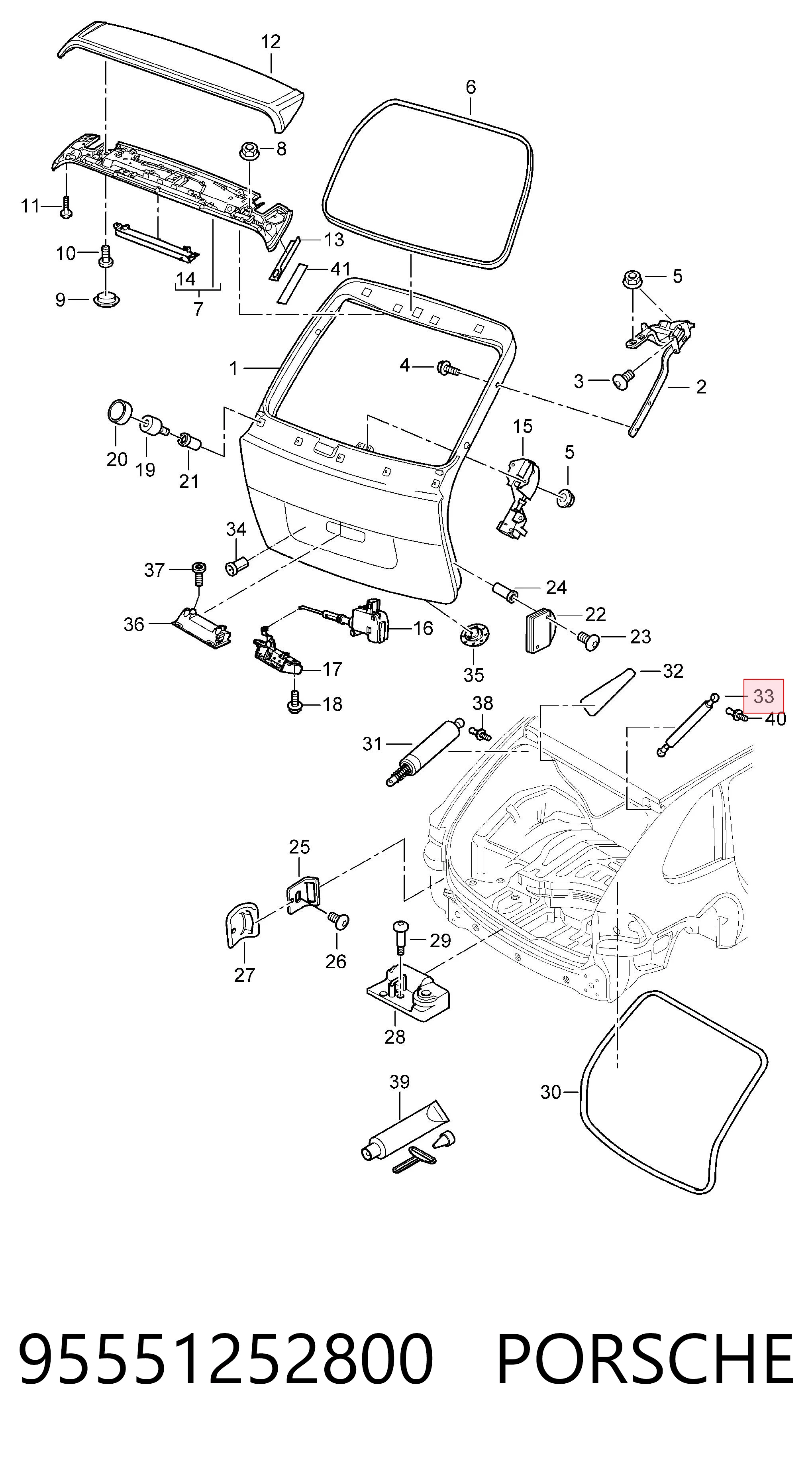 95551252800 Porsche Amortecedor de vidro de porta-malas (de 3ª/5ª porta traseira (de tampa de alcapão)