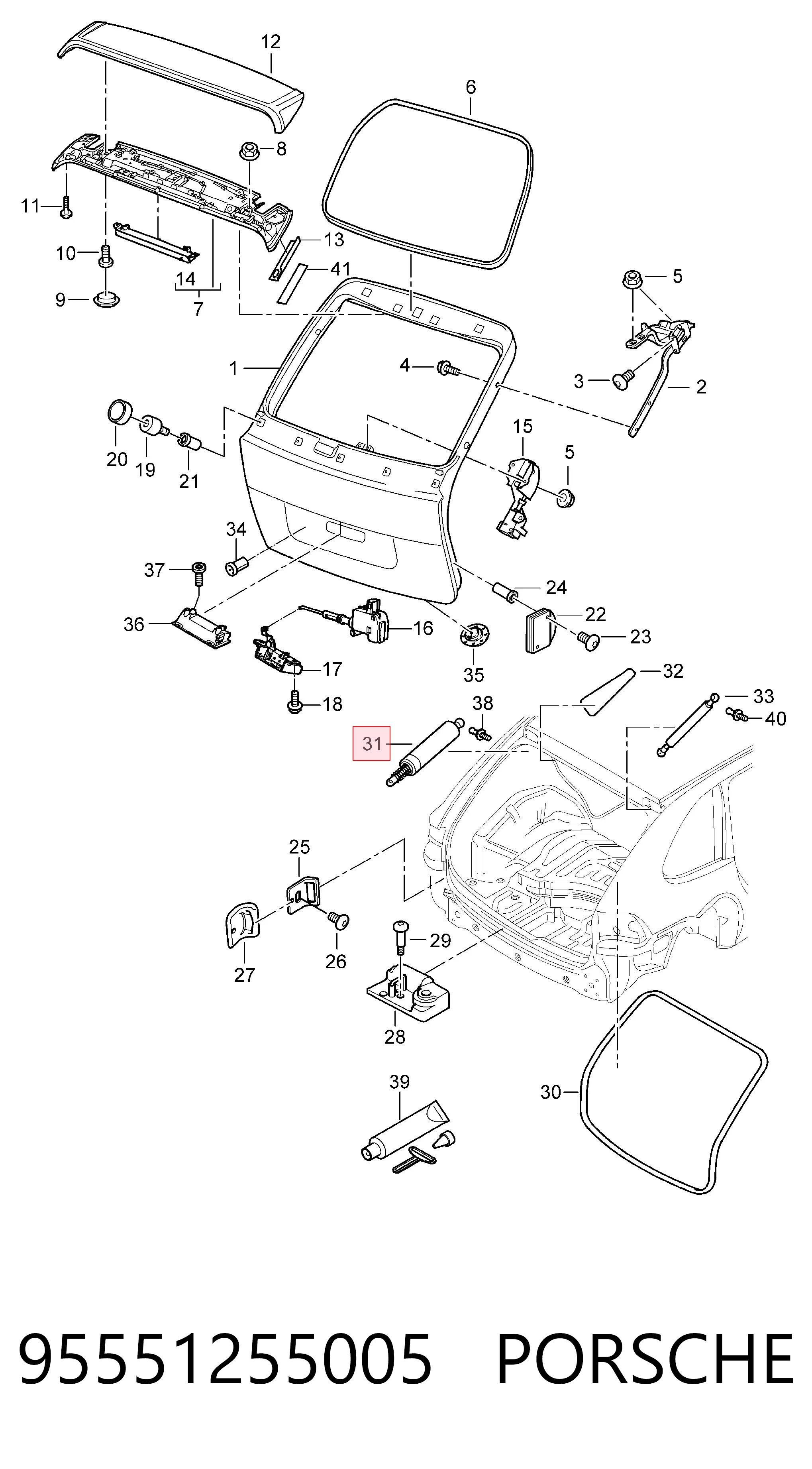 95551255005 Porsche Amortecedor de tampa de porta-malas (de 3ª/5ª porta traseira)