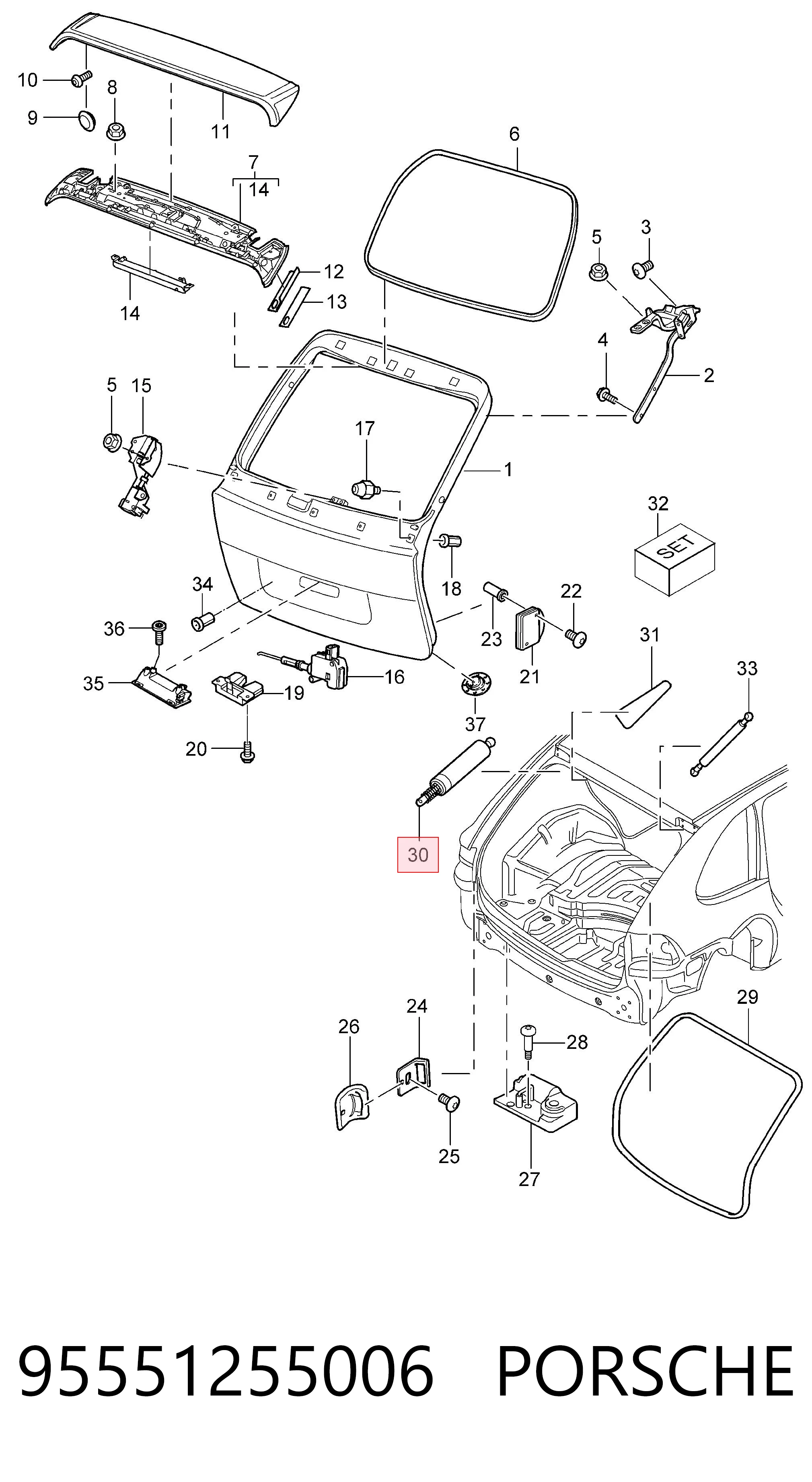 95551255006 Porsche Amortecedor de tampa de porta-malas (de 3ª/5ª porta traseira)