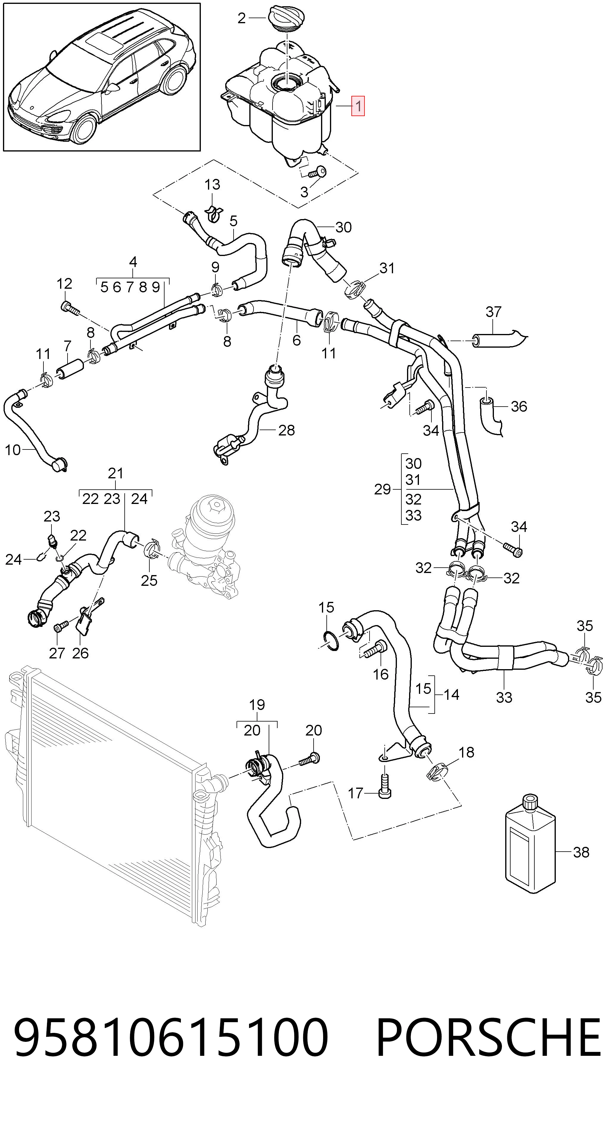 95810615100 Porsche Tanque de expansão do sistema de esfriamento