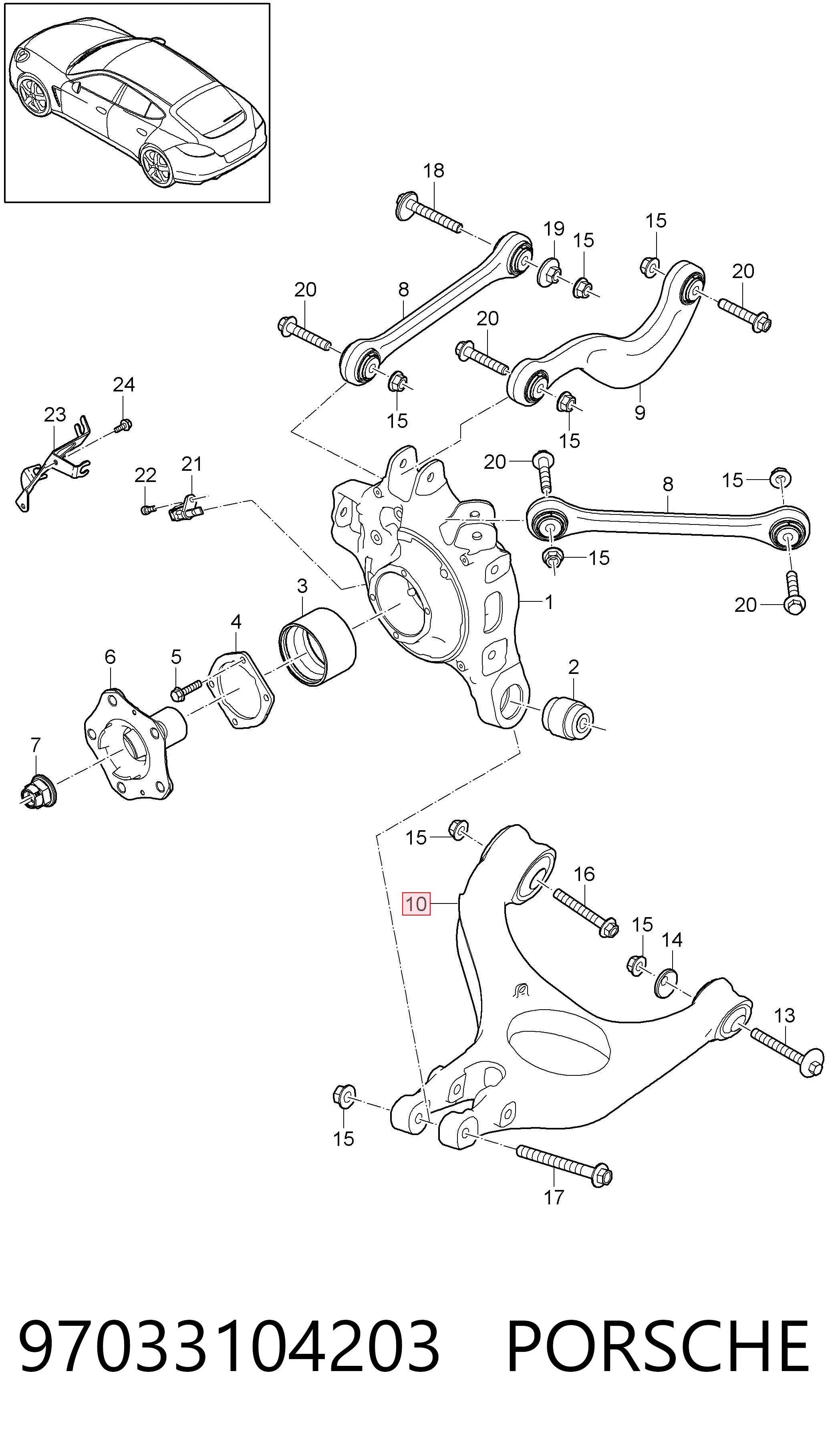 97033104203 Porsche Braço oscilante inferior direito de suspensão traseira