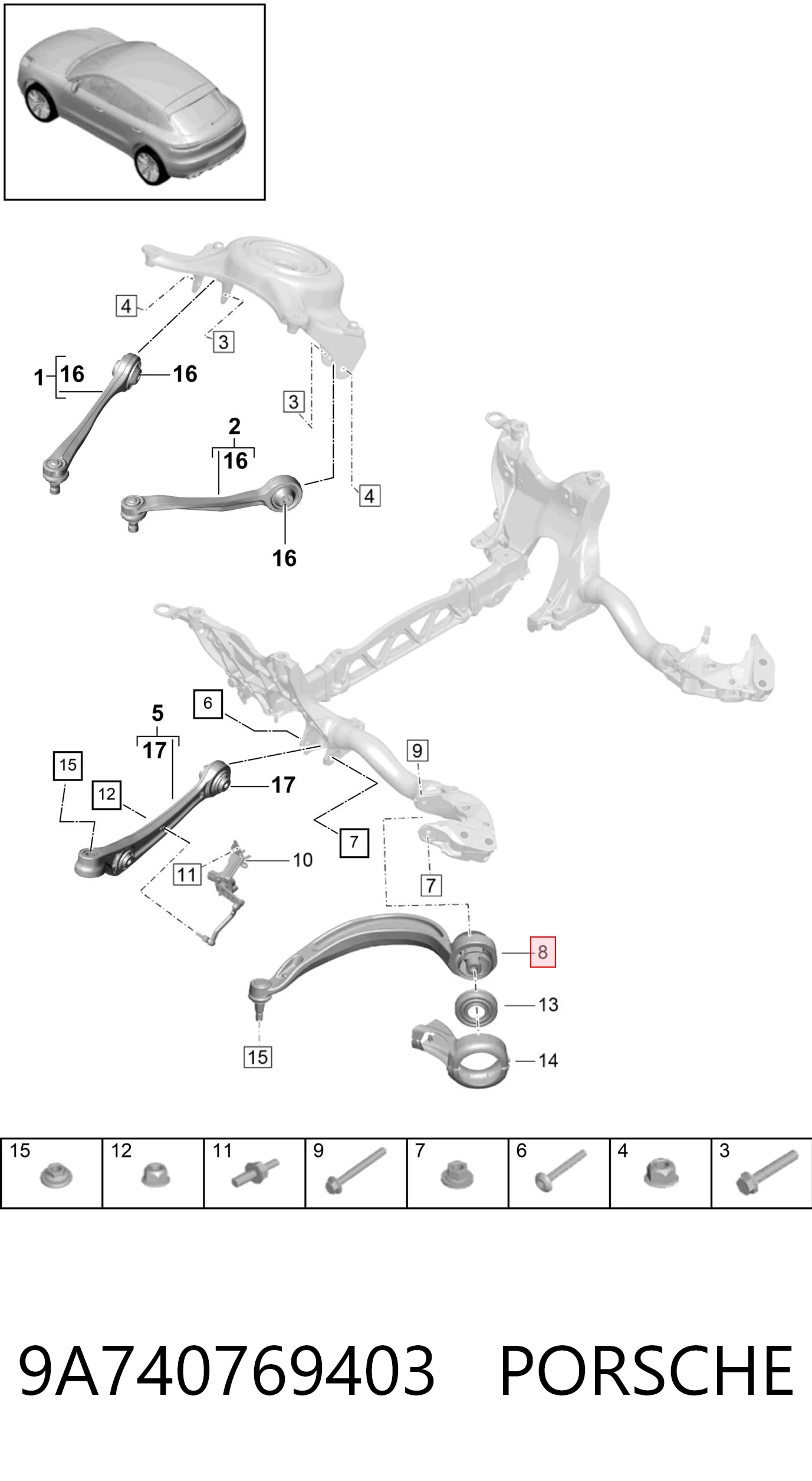 9A740769403 Porsche Braço oscilante inferior direito de suspensão dianteira