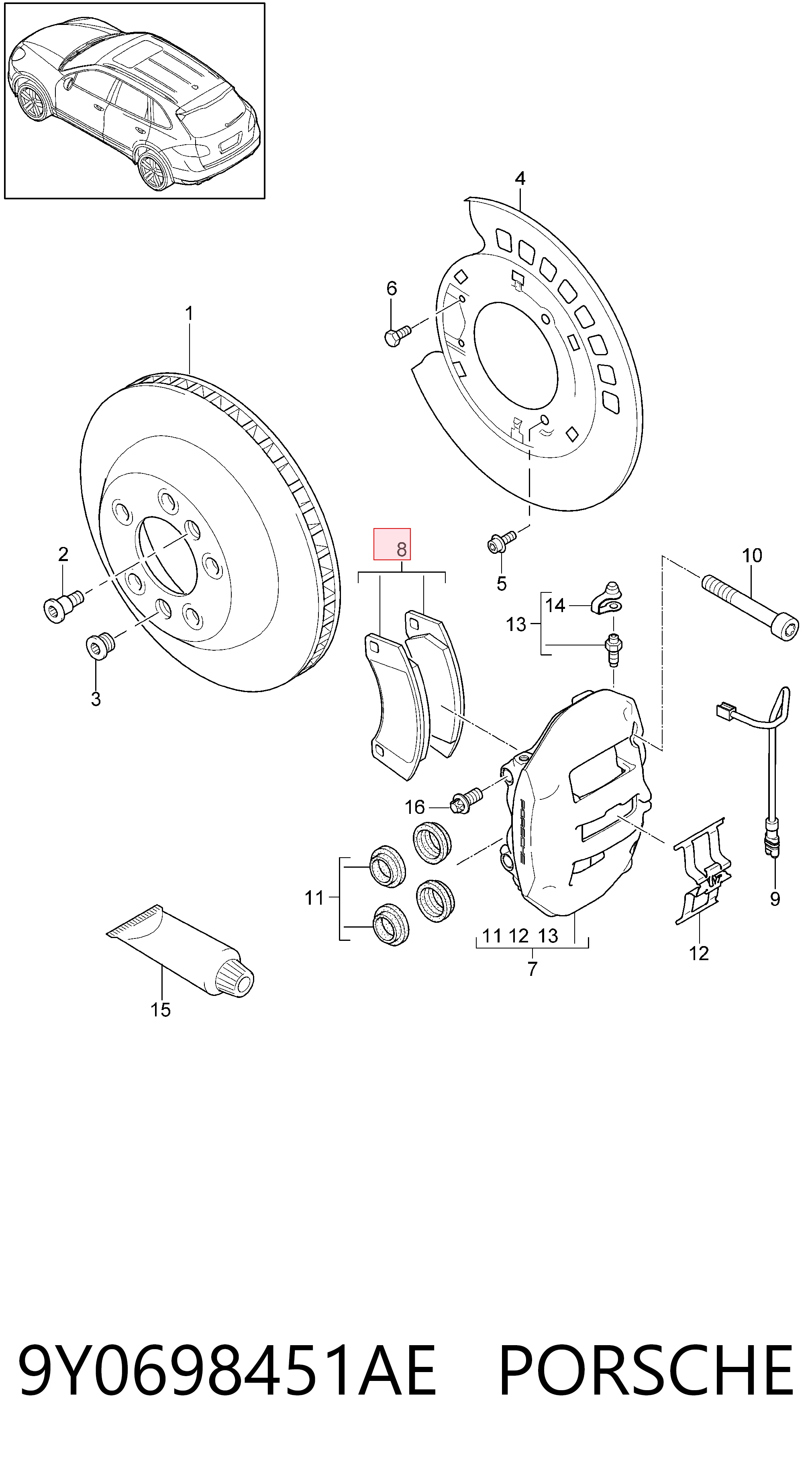 9Y0698451AE Porsche Sapatas do freio traseiras de disco