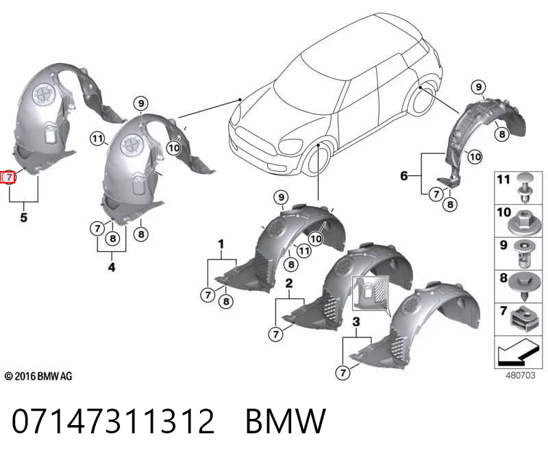 07147311312 BMW Cápsula (prendedor) de fixação do forro do pára-choque do pára-lama dianteiro