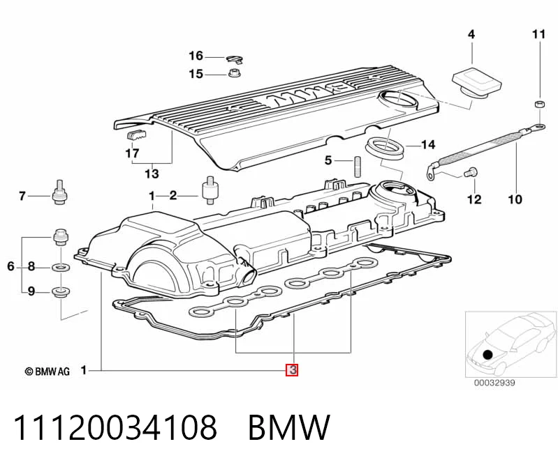 11120034108 BMW Vedante da tampa de válvulas de motor, kit