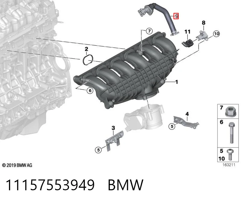 11157553949 BMW Cano derivado de ventilação de cárter (de separador de óleo)