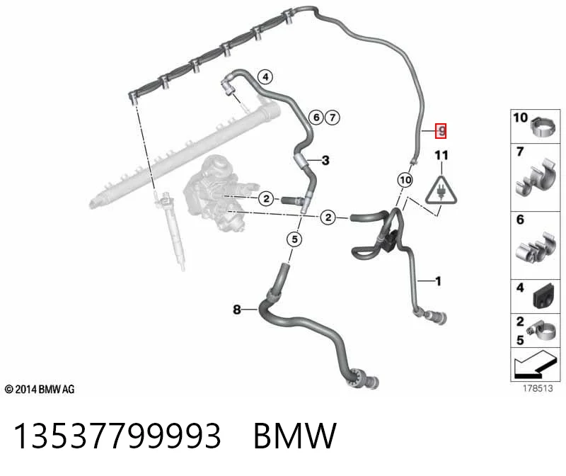13537799993 BMW Tubo de combustível, inverso desde os injetores