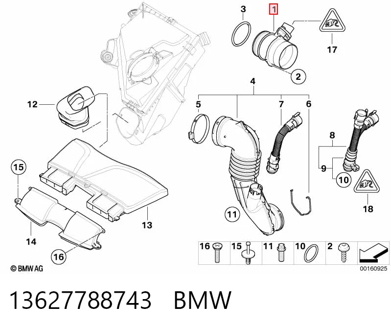 13627788743 BMW Sensor de fluxo (consumo) de ar, medidor de consumo M.A.F. - (Mass Airflow)