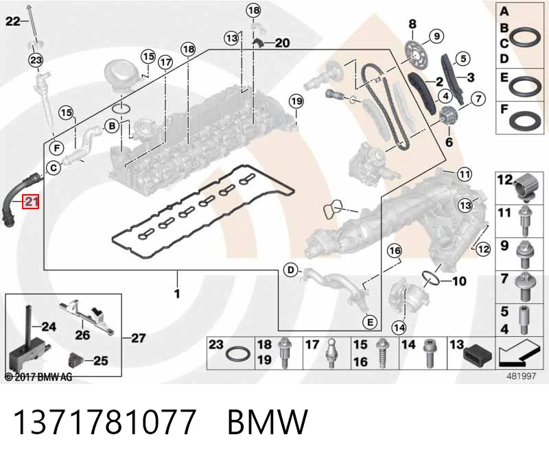 1371781077 BMW Cano derivado de ventilação de cárter (de separador de óleo)