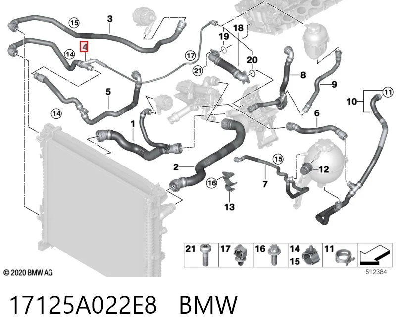 17125A022E8 BMW Mangueira (cano derivado) de esfriamento por líquido de turbina, linha de combustível de retorno